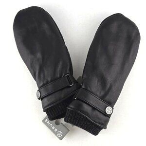 BRUME Bromont Women's Black Leather Mittens Faux Plush Lined Knit Cuffs Size S